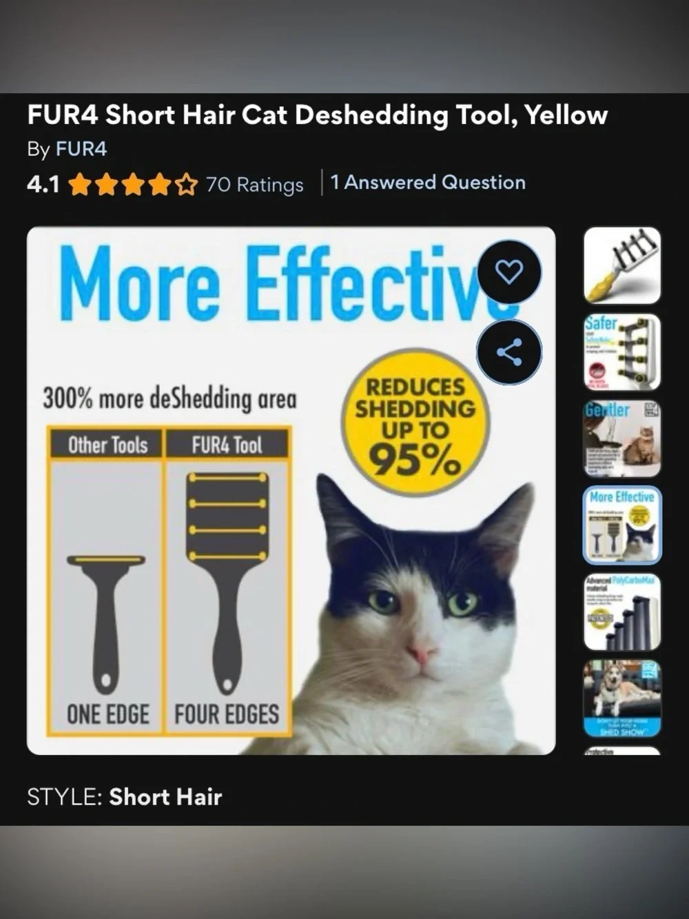 EUC FUR4 Short Hair Cat Deshedding Tool, Yellow